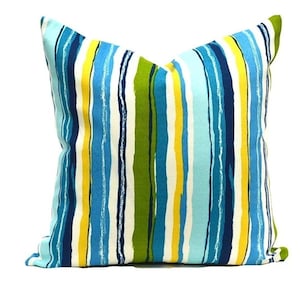 Tropical Striped Pillow Cover: Blue, Yellow, Green Home Decor