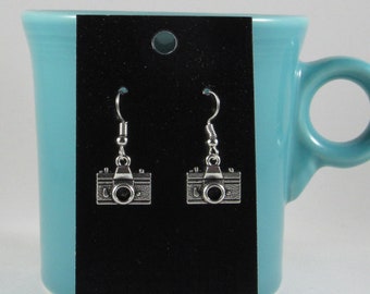 Retro Camera Drop Earrings: Tibetan Silver Charm, Hypoallergenic Steel
