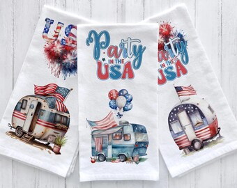 May include: Three white tea towels with red, white, and blue designs. The designs include a camper, fireworks, and the text "Party in the USA".