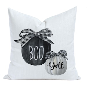 Halloween Pillow - Halloween Decor - BOO Ya&#39;ll - Plaid Accent Pumpkin Pillow Cover - Black and White  - Monochromatic Decor - Throw Pillow