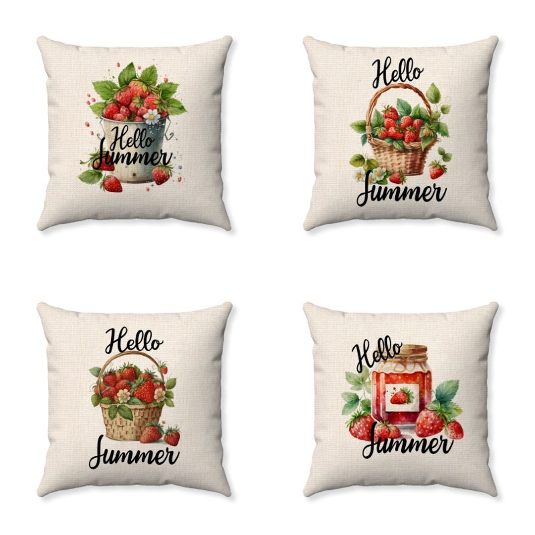 Strawberry Farmhouse Pillow Cover: Summer Polyester Linen Cushion