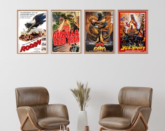 Godzilla CANVAS Movie Poster Art Print  - Godzilla Raids Again - Godzilla V King Ghidorah - Godzilla V Destroyah - Rodan - Home Theater
