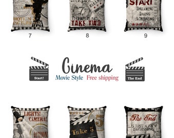 Retro Cinema Pillow Cover -  Home Theater Decor - Cinema Themed Pillow  - Man Cave Decor - Movie Theater Themed Home Decor - Pillow Cover