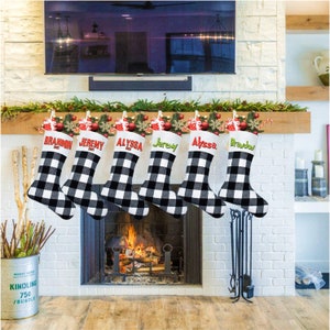 Personalized Christmas Stocking - Custom Black and White Buffalo Check Stocking - Monogrammed Christmas Gift - Holiday Gift -  Cotton Linen
