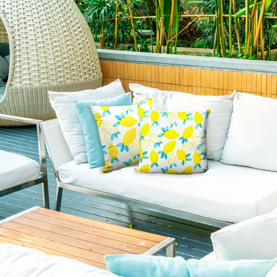 Lemon Print Outdoor Pillow: Summer Farmhouse Decor