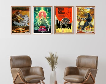 Godzilla CANVAS Movie Poster Art Print - 1961 Mothra - 1989 Godzilla vs. Biollante - 1974 Godzilla vs. Cosmic Monster - Home theater Decor