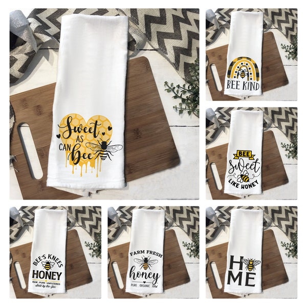Honey Bees Tea Towel - Cotton Flour Sack Dish Towel - Summer Kitchen Decor - Kitchen Textiles - Large 27x27 Inches - Honey and Bees Towels
