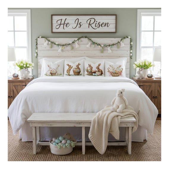 Easter Bunny Pillow - Bunny Pairs and Baskets - Easter Pillow Cover - White Polyester Linen - 4 Designs