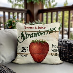 Farmhouse Pillow - Farm Fresh Strawberries - Farmhouse Decor - Rustic Decor - Vintage Print - Shiplap Accent - Throw Pillow