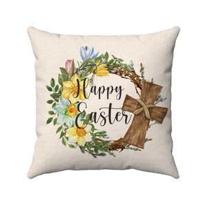 Happy Easter Wreath Pillow - Easter Home Decor - Wood Cross on Floral Wreath - 18x18 Inch - Farmhouse Easter Decor - Throw Pillow