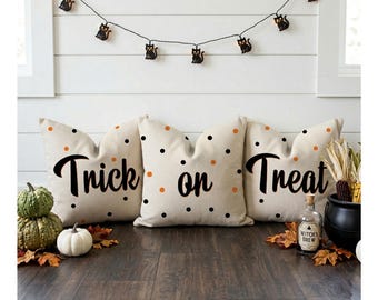 Trick Or Treat Pillow Trio - Halloween Polka Dot Throw Pillow Covers - Set of Three 18x18 Inch Covers
