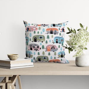 Happy Campers Pillow Cover: Pastel RV Cotton Throw Pillow