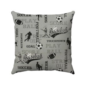 Sports Throw Pillow: Baseball, Football, Soccer Print - Boy&#39;s Room Decor
