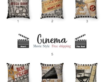 Retro Cinema Pillow Cover -  Home Theater Decor - Cinema Themed Pillow  - Man Cave Decor - Movie Theater Themed Home Decor - Pillow Cover