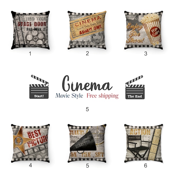 Retro Cinema Pillow Cover -  Home Theater Decor - Cinema Themed Pillow  - Man Cave Decor - Movie Theater Themed Home Decor - Pillow Cover