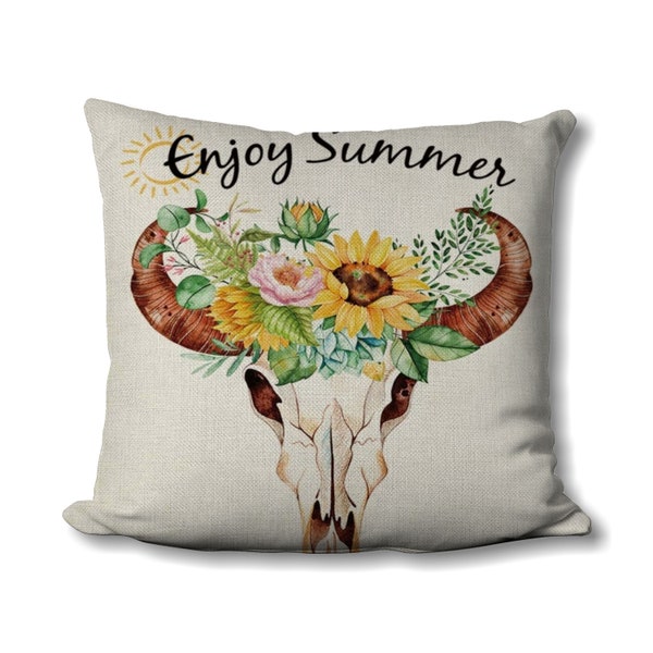 Summer Typography Pillow - Enjoy Summer - Rams Skull - Summer Floral Design - Summer Farmhouse Pillow - Throw Pillow -