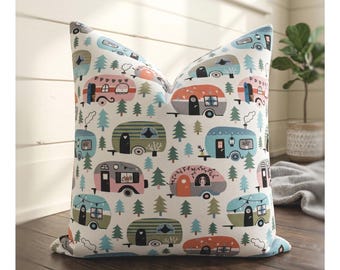 Happy Campers Pillow Cover: Pastel RV Cotton Throw Pillow