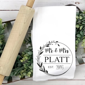 Mr. & Mrs. Mistletoe Wreath Personalized Kitchen Tea Towels