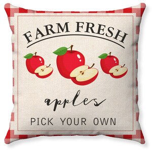Farm Fresh Apples Pillow - Red Buffalo Plaid - Farmhouse Home Decor - Orchard Fruits Farmhouse Decor - Red  Plaid Border - Throw Pillow