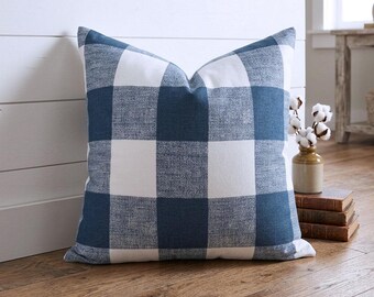 Navy Blue Buffalo Check Pillow Cover: Farmhouse Decor