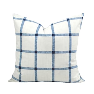 Window Pane Plaid - Premier Prints Aaron - Slub Knit Canvas Fabric - Italian Denim - White - Farmhouse Pillow - Throw Pillow