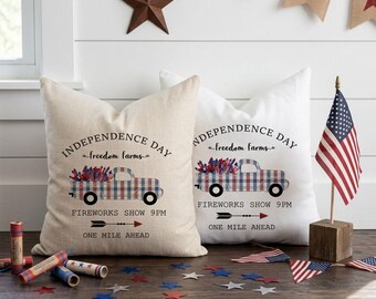 Farmhouse Patriotic Pillow Cover – Vintage Plaid Truck, 4th of July Decor