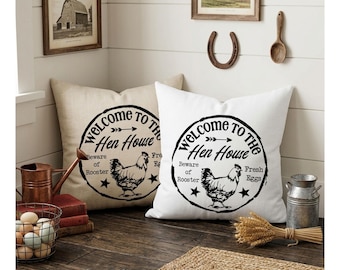 Hen House Pillow Cover: Shabby Chic Farmhouse Decor