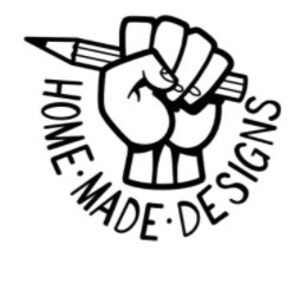 May include: Black and white illustration of a hand holding a pencil, with the words "HOME MADE DESIGNS" circling the hand.