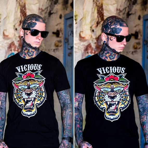 VICIOUS TIGER | Tattoo T Shirt | 100% Organic Cotton T-Shirt | Sailors Jerry Inspired | Streetwear-Tattoo Shirt Design