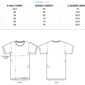 May include: A size chart for a t-shirt with measurements in inches for half chest, body length, and sleeve length. The chart shows sizes from XXS to XL.