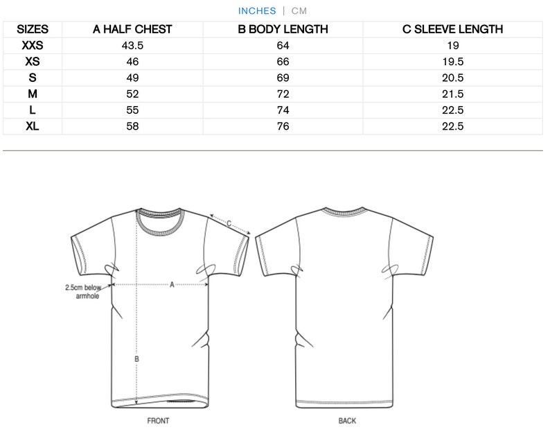 May include: A size chart for a t-shirt with measurements in inches for half chest, body length, and sleeve length. The chart shows sizes from XXS to XL.