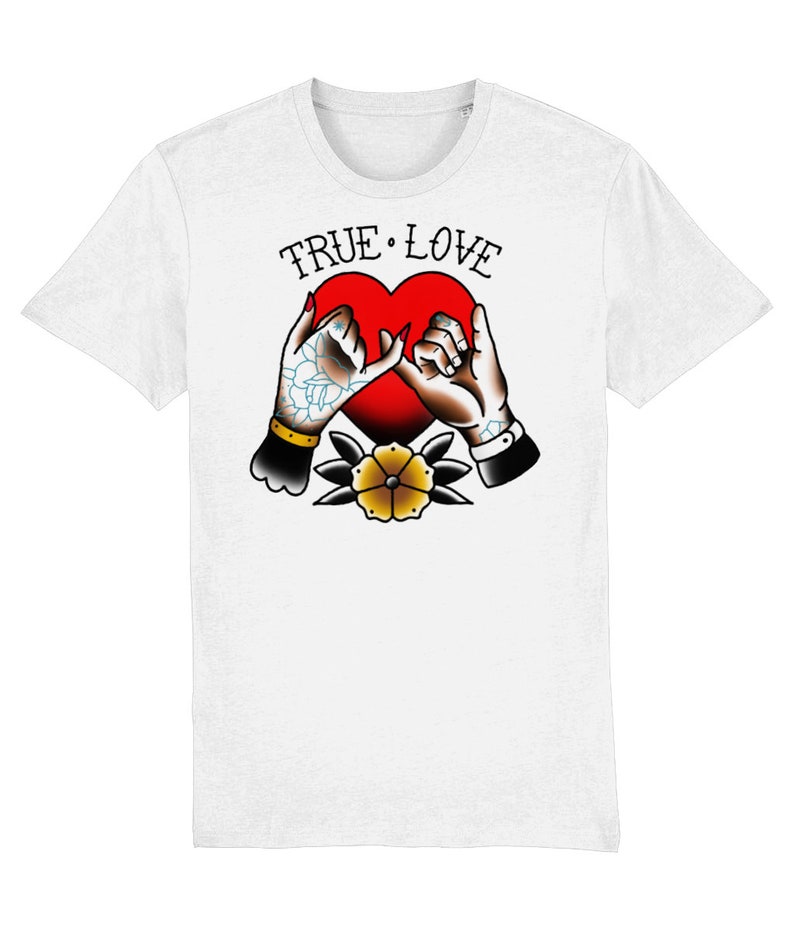 May include: White t-shirt with a red heart and two hands making a pinky promise. The text "TRUE LOVE" is above the heart.