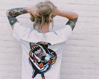 Shark and Anchor Tattoo T Shirt | 100% Organic Cotton T-Shirt | Sailors Jerry Inspired | Streetwear-Tattoo Shirt Design
