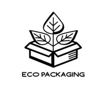 May include: A black and white illustration of a cardboard box with three green leaves growing out of the top. The text "ECO PACKAGING" is below the box.