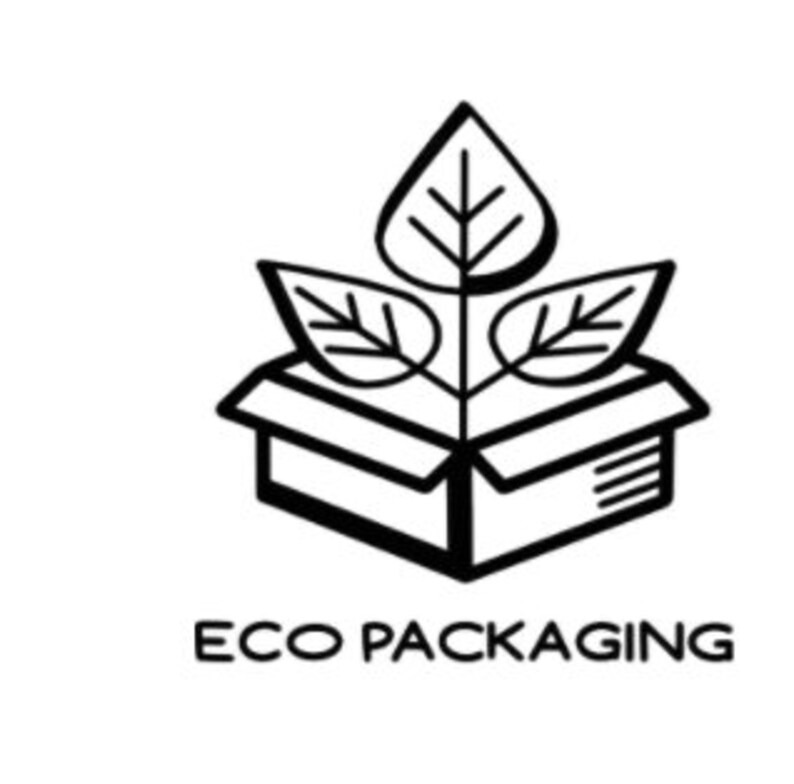May include: A black and white illustration of a cardboard box with three green leaves growing out of the top. The text "ECO PACKAGING" is below the box.