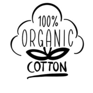 May include: A black and white graphic of a cotton boll with the text "100% ORGANIC COTTON" in a stylized font.