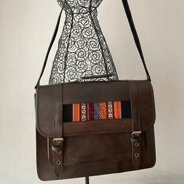 Leather satchel bag - Hippie design, boho style - Crafts from Bolivia