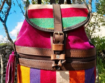 Small leather and aguayo backpack - Hippie design, boho style - Bolivian crafts