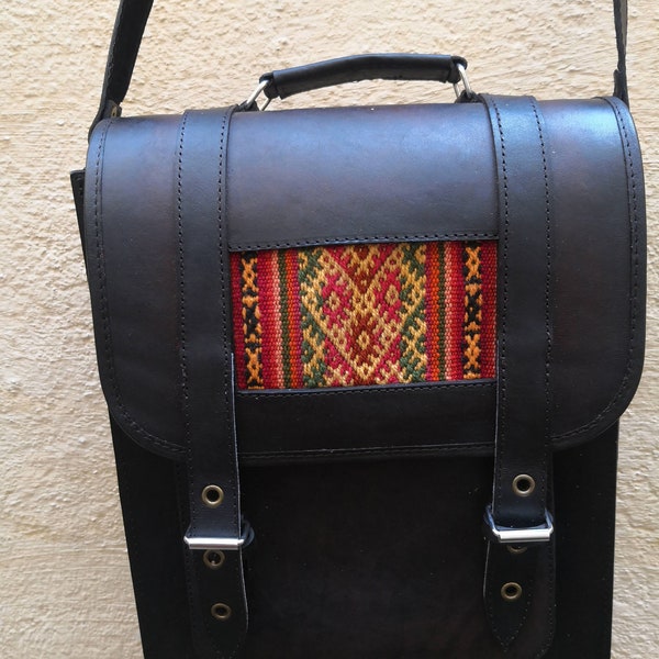 Leather satchel bag - Hippie design, boho style - Handicrafts from Bolivia