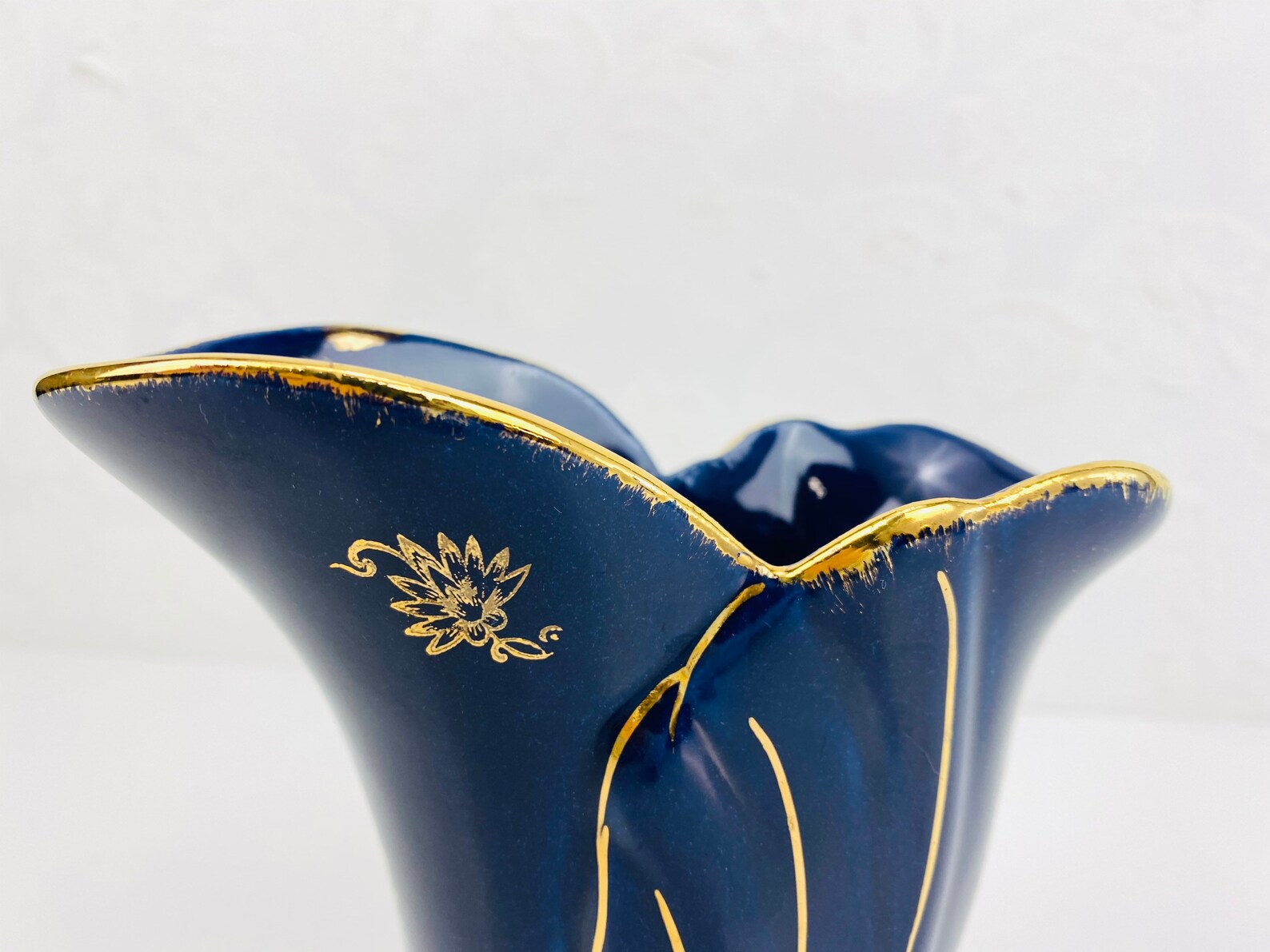 Vintage Dark Blue Ceramic Vase With Gold Flower Etsy
