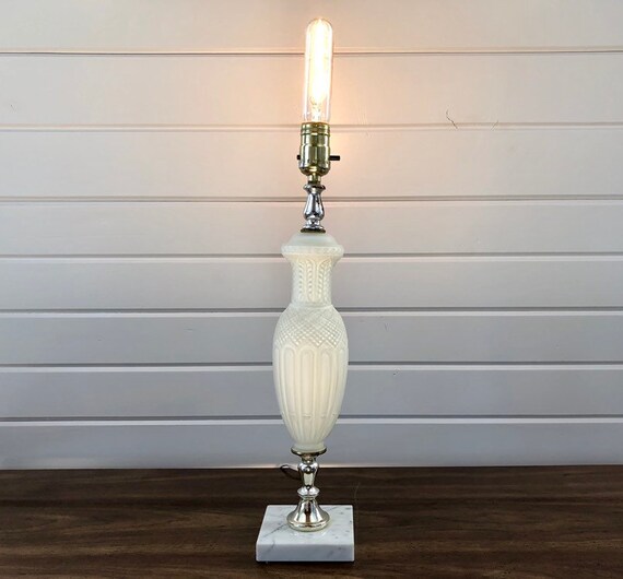 Vintage White Frosted Glass Table Lamp With Marble Base Vintage White Frosted Glass Table Lamp, Antique White Glass Table Lamps