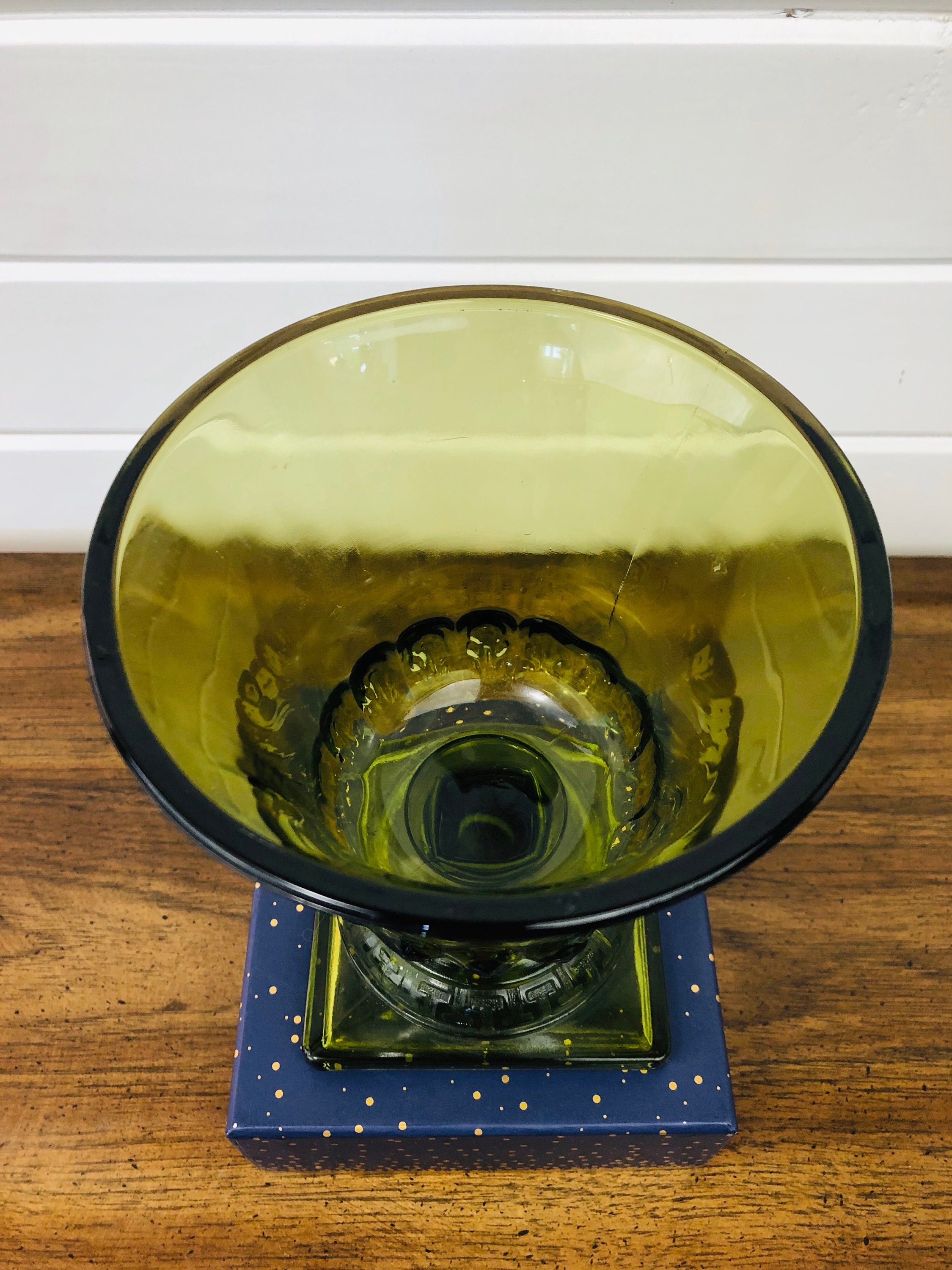 Vintage Mossy Green Glass Large Goblet Vase With Greek Key Etsy
