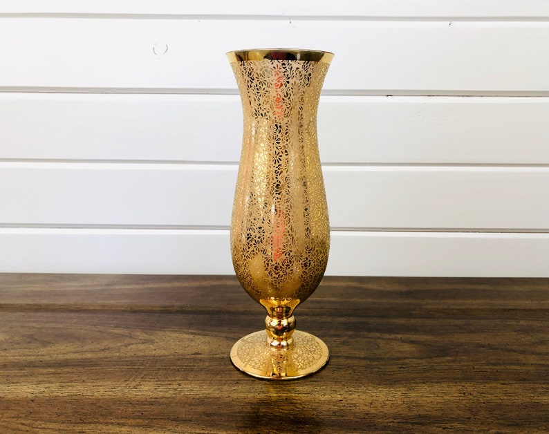 Vintage Gold Glass Pedestal Vase With Floral Detail Etsy