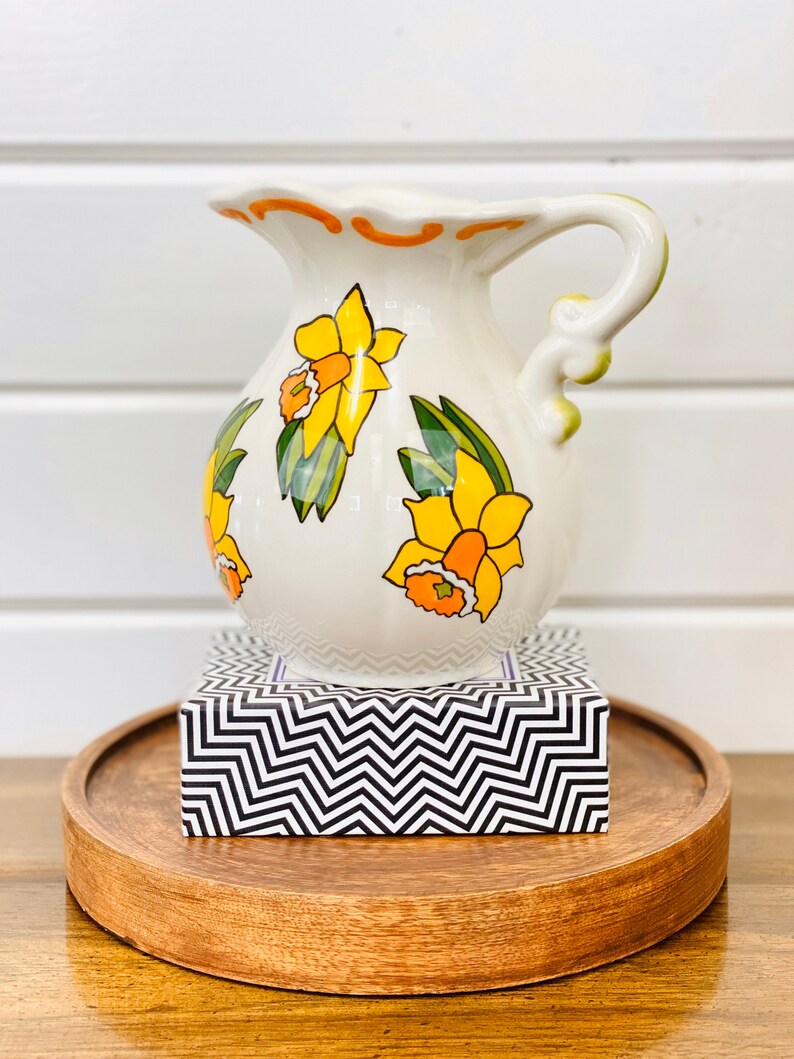 1990/'s Hand Painted Ceramic Yellow Daffodil PitcherYellow Flower Pitcher