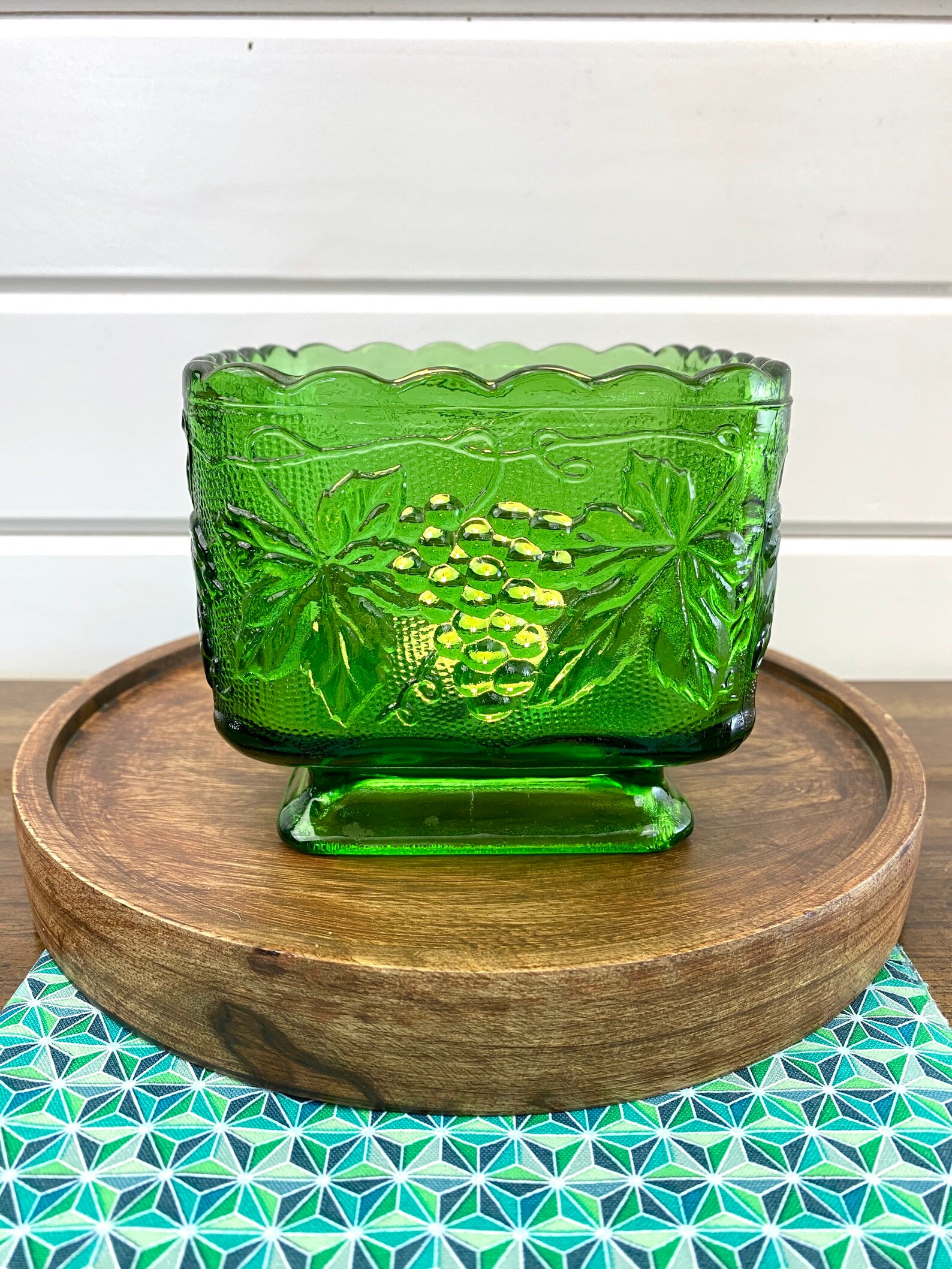 Vintage Square Emerald Green Glass Candy Dish With Grape Etsy