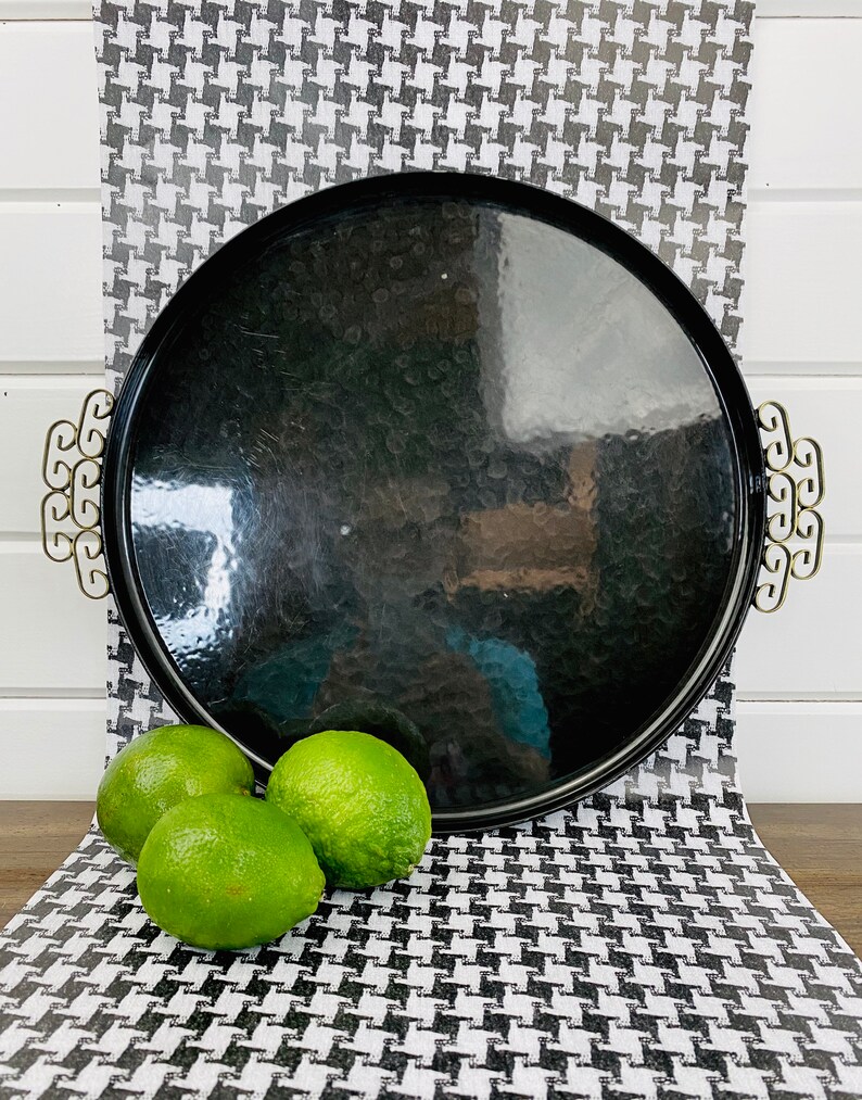 Round Vintage Black Metal Tray/Kyes Handmade Moire' Glaze Etsy