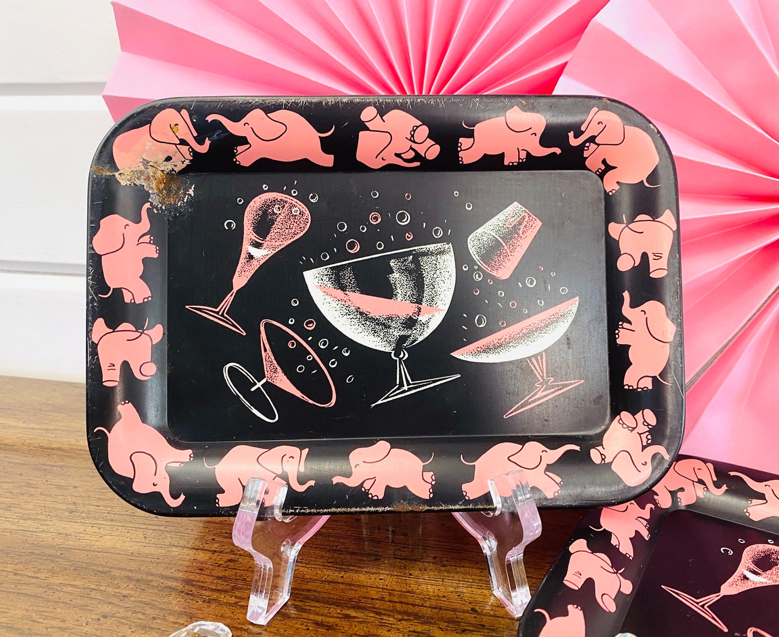 Set of 3 Vintage Black Metal Snack Trays With Pink Elephant & Etsy