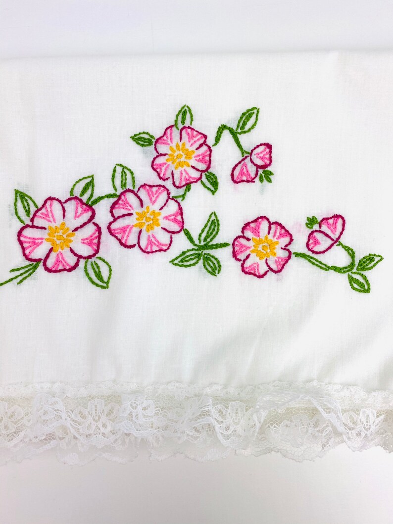 Pair Of Vintage Dark Pink Embroidered Flowers Pillowcases With Lace EdgesEmbroidered Dark Pink Flower PillowcasesPink Flower pillowcases