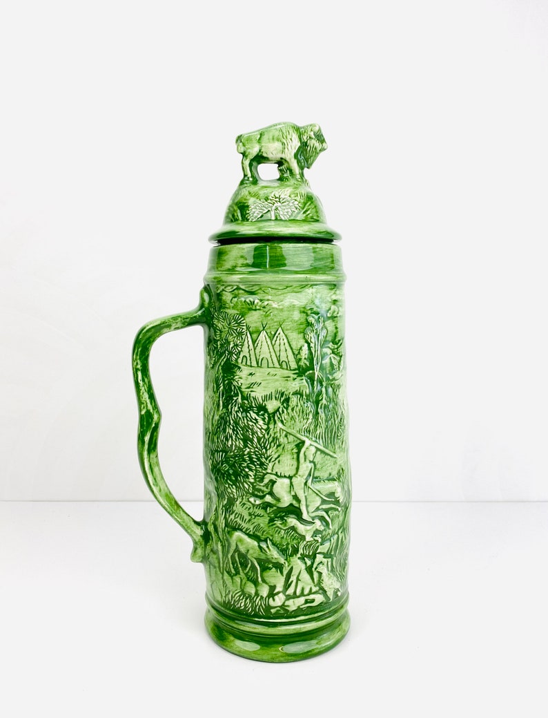 Vintage Large Green Ceramic Beer Stein With Indian Buffalo Etsy
