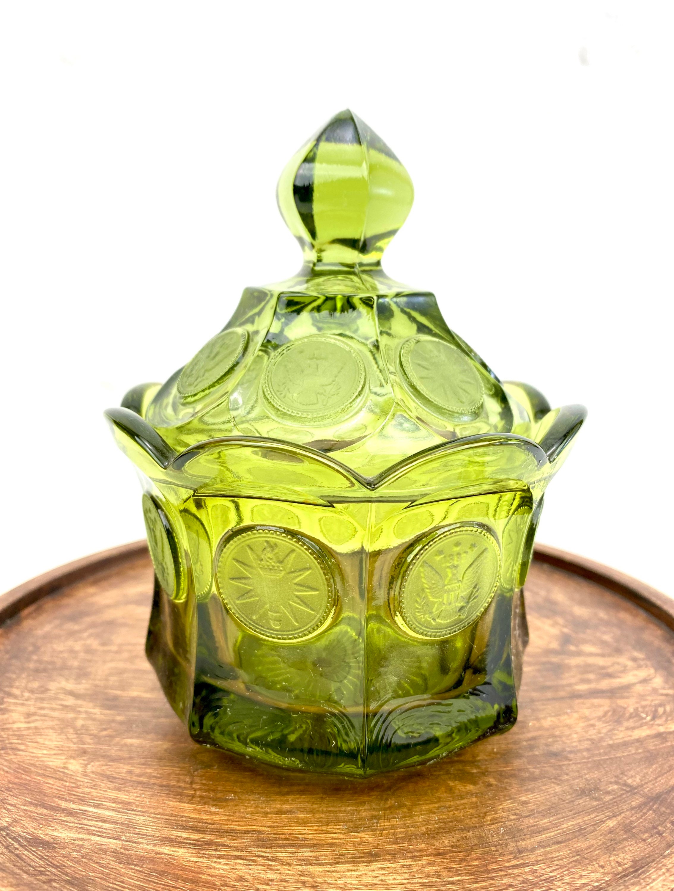 Vintage Olive Green Glass Jar With Lid & Scalloped Rim/Vintage Etsy